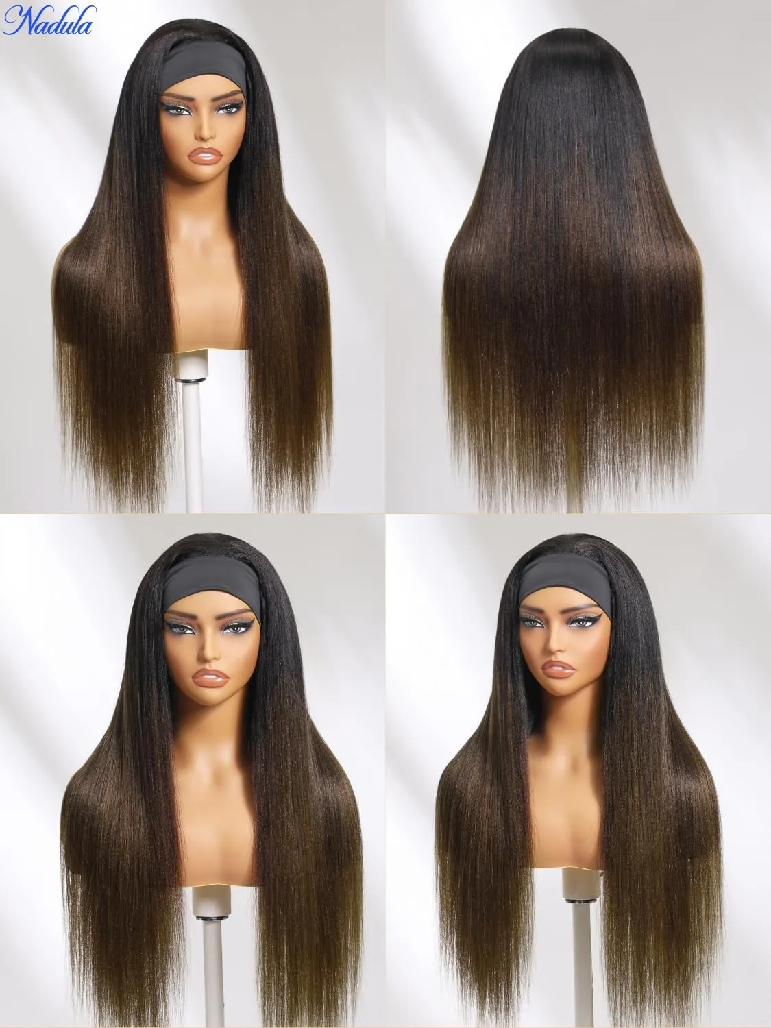 Nadula Yaki Straight Glueless Headband Wig Human Hair Balayage Brown Upgraded Headband Wigs with Invisible Drawstring, Highlight Ombre Straight Glueless Wig No Lace No Glue Beginner Friendly 16inch