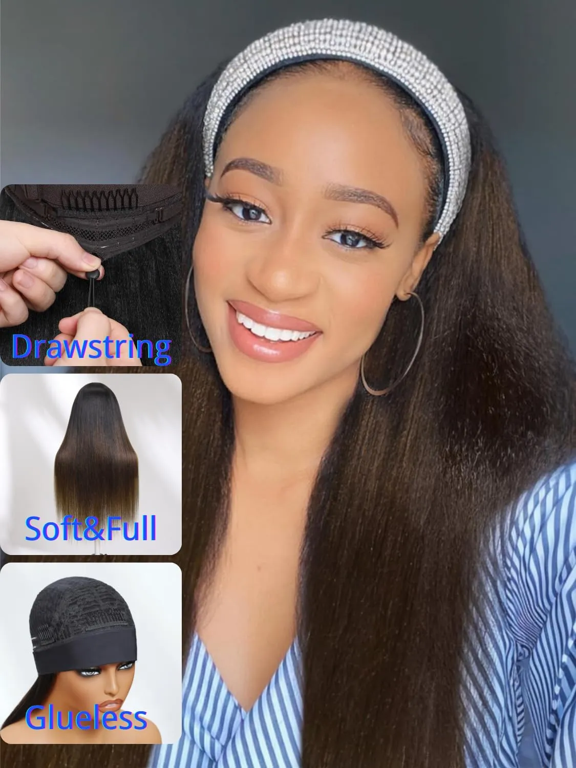 Nadula Yaki Straight Glueless Headband Wig Human Hair Balayage Brown Upgraded Headband Wigs with Invisible Drawstring, Highlight Ombre Straight Glueless Wig No Lace No Glue Beginner Friendly 16inch