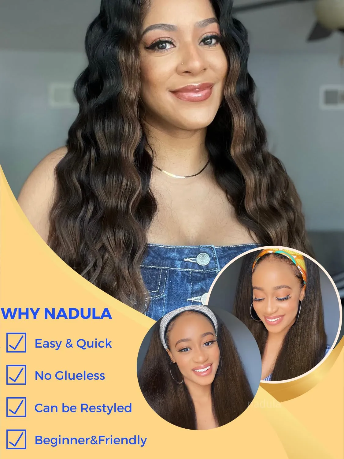 Nadula Yaki Straight Glueless Headband Wig Human Hair Balayage Brown Upgraded Headband Wigs with Invisible Drawstring, Highlight Ombre Straight Glueless Wig No Lace No Glue Beginner Friendly 16inch