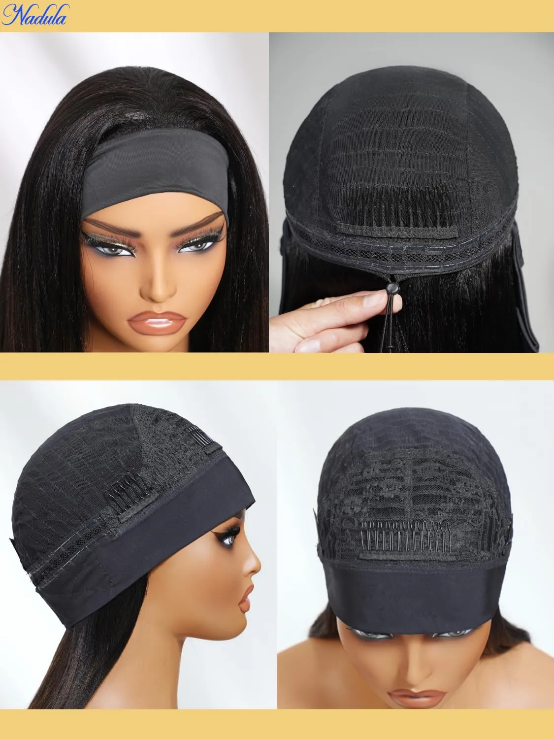 Nadula Yaki Straight Glueless Headband Wig Human Hair Balayage Brown Upgraded Headband Wigs with Invisible Drawstring, Highlight Ombre Straight Glueless Wig No Lace No Glue Beginner Friendly 16inch