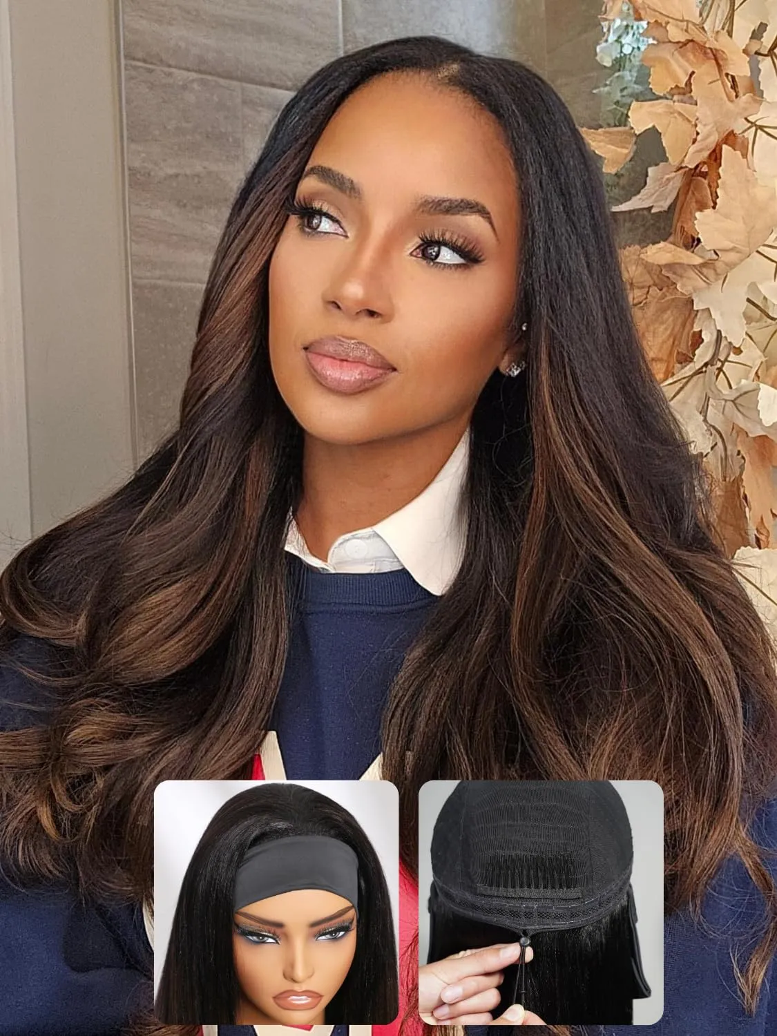 Nadula Yaki Straight Glueless Headband Wig Human Hair Balayage Brown Upgraded Headband Wigs with Invisible Drawstring, Highlight Ombre Straight Glueless Wig No Lace No Glue Beginner Friendly 16inch