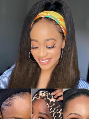 Nadula Yaki Straight Glueless Headband Wig Human Hair Balayage Brown Upgraded Headband Wigs with Invisible Drawstring, Highlight Ombre Straight Glueless Wig No Lace No Glue Beginner Friendly 20inch
