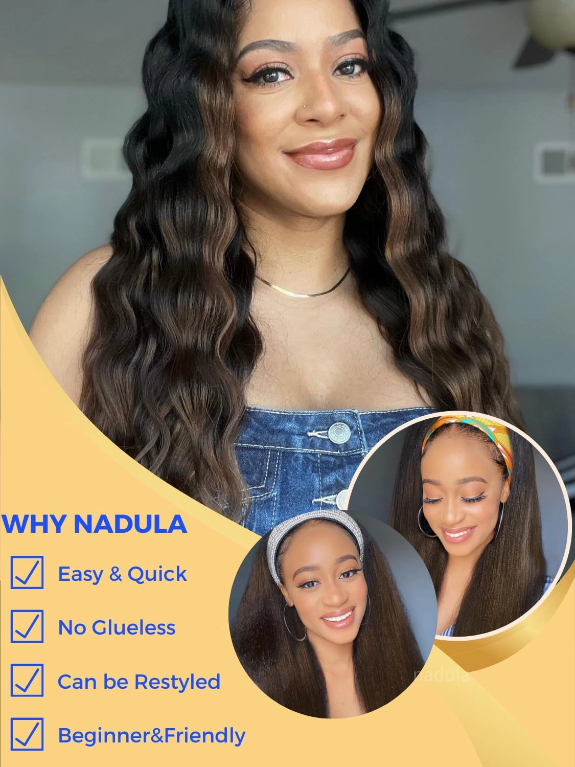 Nadula Yaki Straight Glueless Headband Wig Human Hair Balayage Brown Upgraded Headband Wigs with Invisible Drawstring, Highlight Ombre Straight Glueless Wig No Lace No Glue Beginner Friendly 20inch