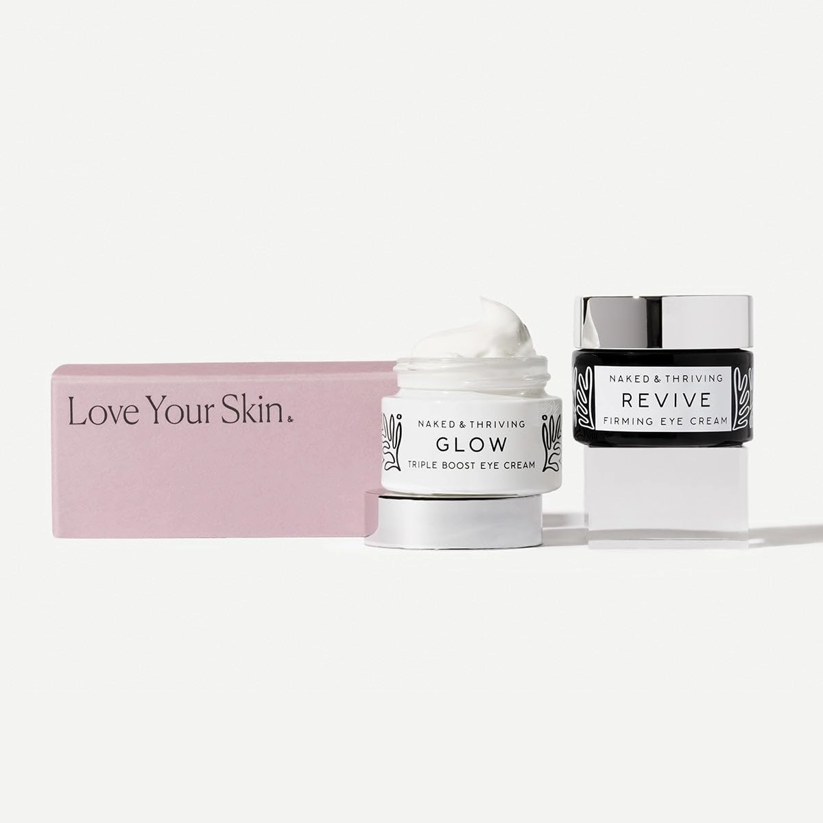 Naked & Thriving The Radiant Eye Set | Glow Triple Boost Eye Cream (15 mL)   Revive Firming Eye Cream (15 mL) with Peptides, Hyaluronic Acid, Bakuchiol, and Shea Butter (Set of 2)