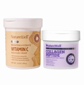 NATURE WELL Clinical Vitamin C 16oz & Collagen Peptide 10oz Moisturizing Cream Bundle for Face, Body, & Hands, Plump & Nourish, Brighten & Smooth, Provides Intense Hydration For Dry & Dull Skin
