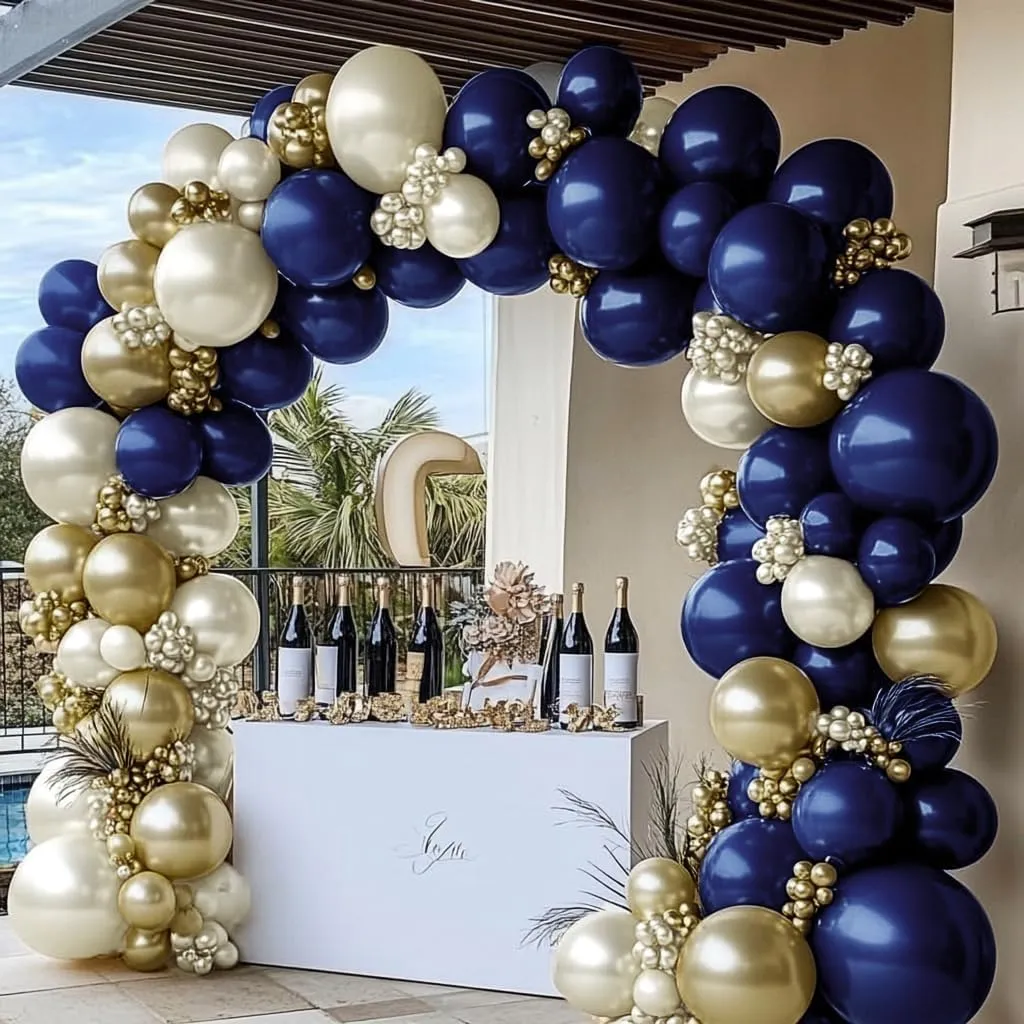 Navy Blue Balloon Garland Double Stuffed Pearl White Royal Blue Balloons Dark Navy Gold Balloon Arch Kit for Birthday Party Baby Shower Wedding Graduation Bridal Shower Decoration