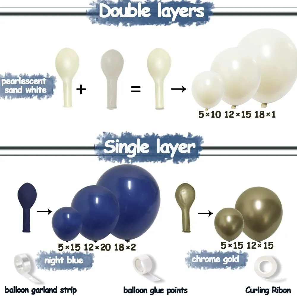 Navy Blue Balloon Garland Double Stuffed Pearl White Royal Blue Balloons Dark Navy Gold Balloon Arch Kit for Birthday Party Baby Shower Wedding Graduation Bridal Shower Decoration