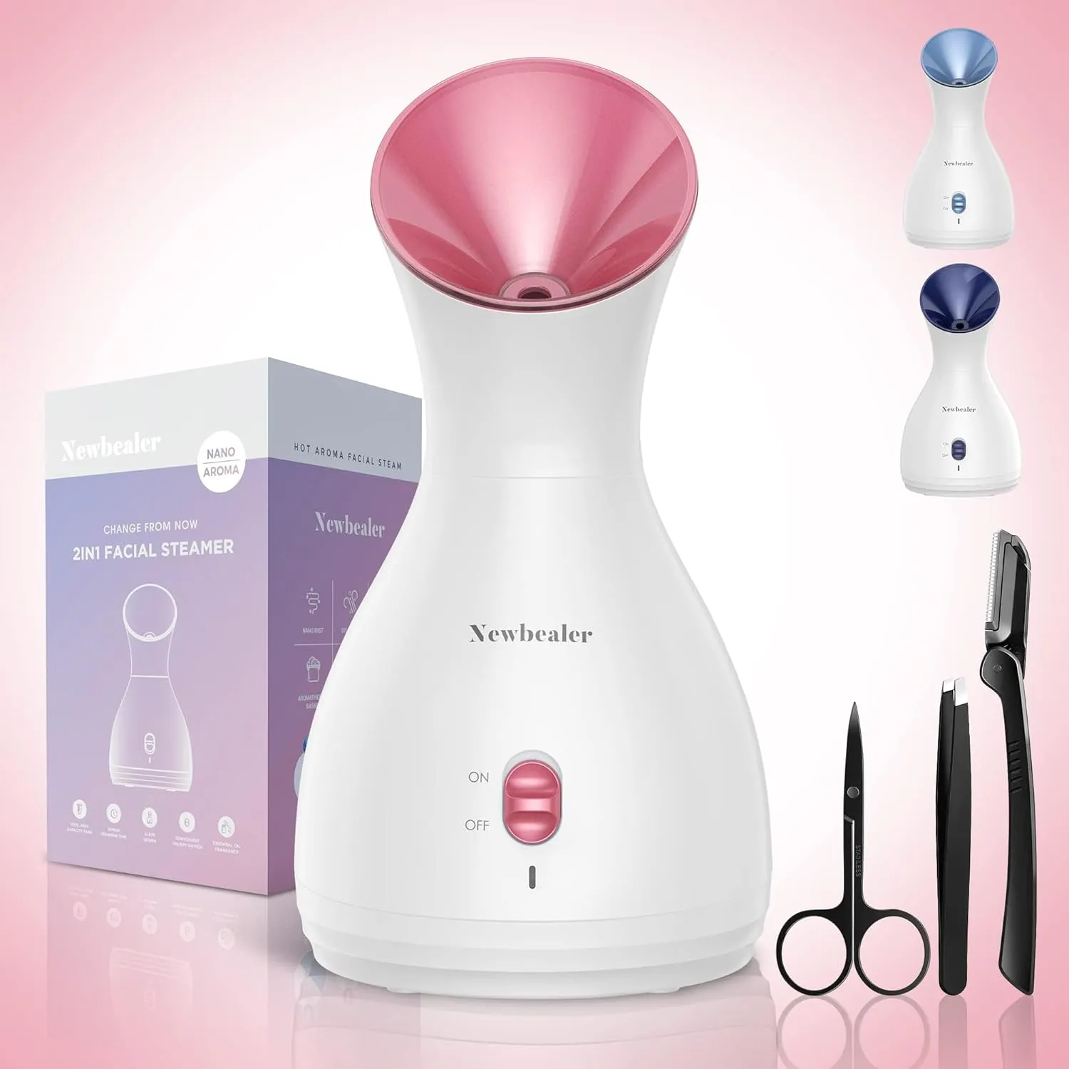 Newbealer 2in1 Facial Steamer, Hot Mist Facial Aromatherapy Humidifier Atomizer, Large Face Steamer Unclogs Pores Sinuses Moisturizing, Home Sauna Spa with Eyebrow Set (Red, 170 ml)