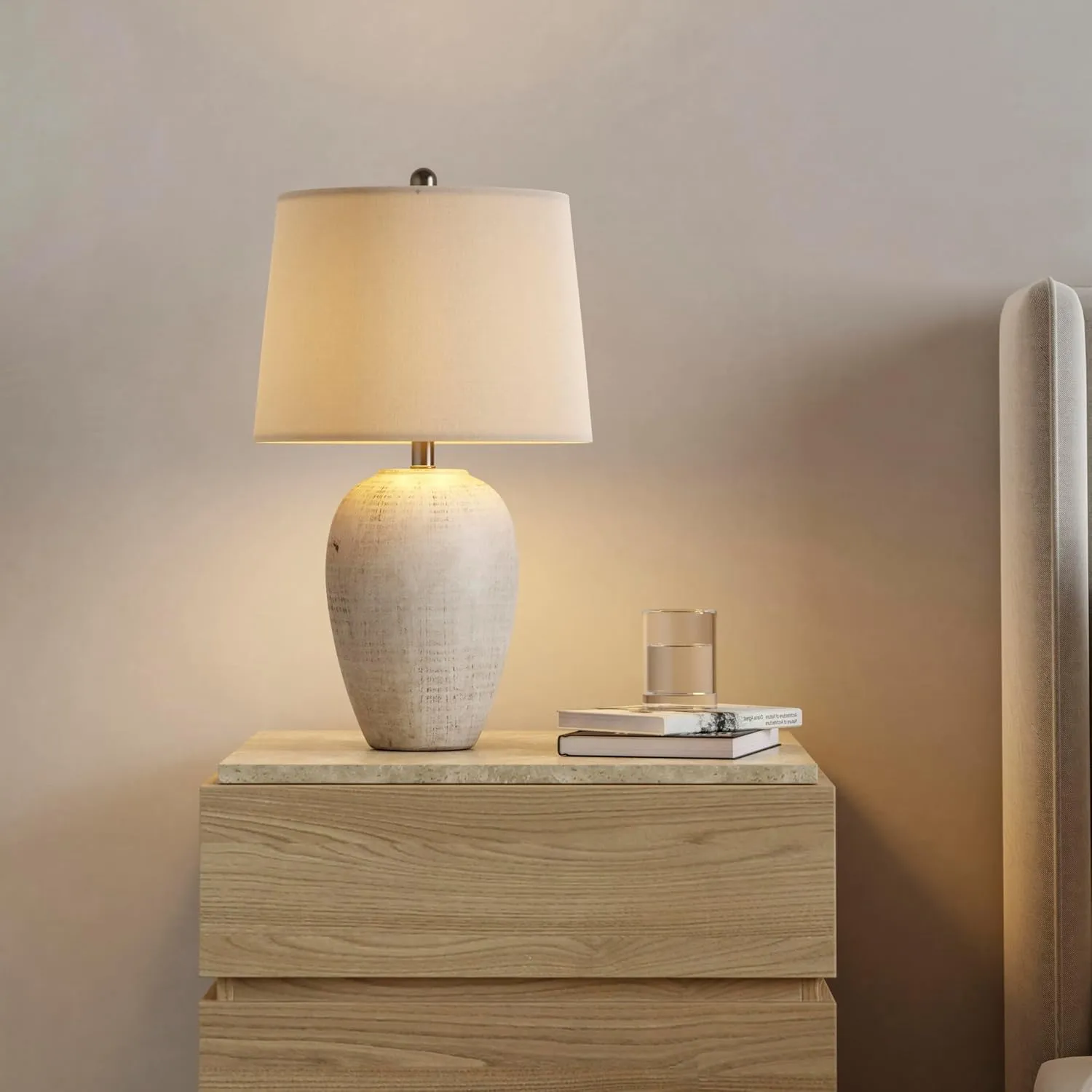 Nourison 23" Distressed Cream/Beige Rustic Ceramic Jar Table Lamp for Bedroom, Living Room, Dining Office, with Ivory Shade