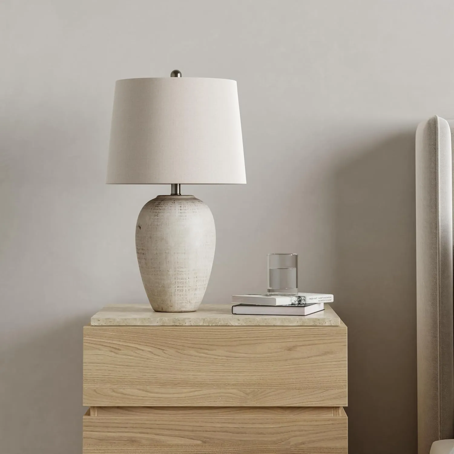 Nourison 23" Distressed Cream/Beige Rustic Ceramic Jar Table Lamp for Bedroom, Living Room, Dining Office, with Ivory Shade