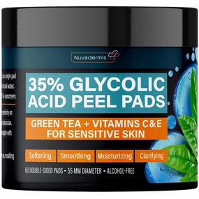 NUVADERMIS 35% Glycolic Acid Peel Pads – Exfoliating Facial Resurfacing for Blackheads, Dark Spots, and Acne – Safe for Sensitive Skin – 60 Double-Sided Pads