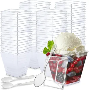 Oasis Creations 8 oz Square Dessert Cup - 50 Count - Lids & Spoons Included - Clear Plastic - Appetizer & Parfait Cup - Disposable or Reusable