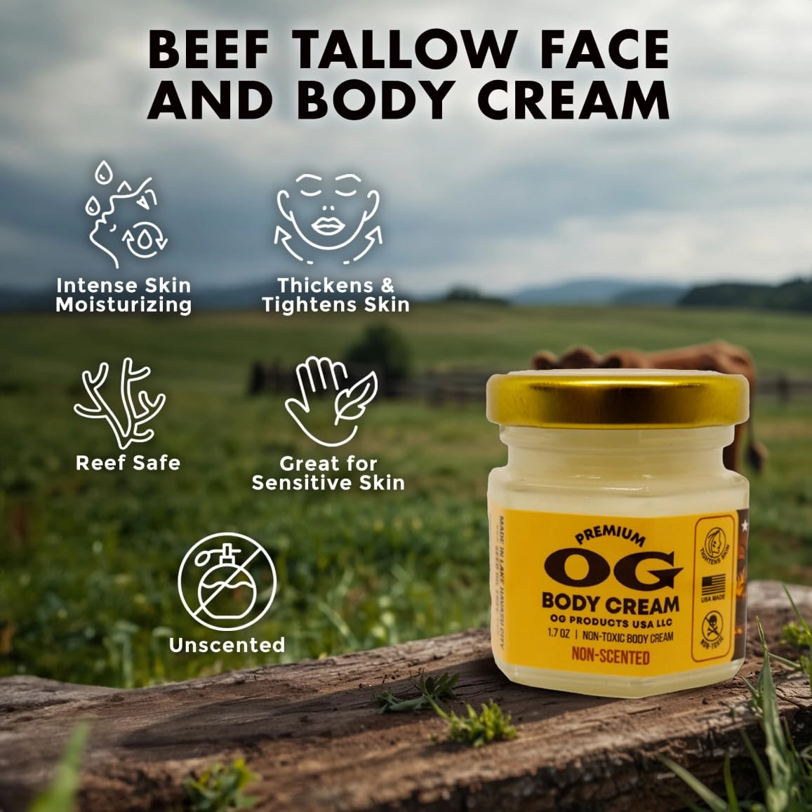 OG Face & Body Cream, Organic Grass Fed Beef Tallow Balm, Anti-Aging, Wrinkle Reducing Beef Tallow Skin Cream, Beef Tallow Face Moisturizer - Travel Size (1.7 oz)