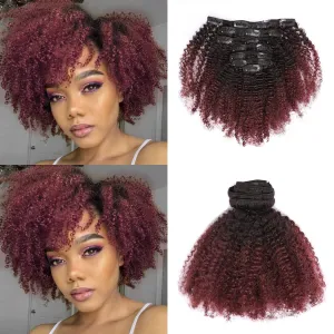 Ombre Curly Clip In Hair Extensions 4B 4C Afro Kinkys Curly Hair Extensions Clip In For Black Women 8A Virgin Natural Human Hair Full Head Kinky Hair Clip Ins Two Tone Ombre 120G #1b/99j AC 14Inch