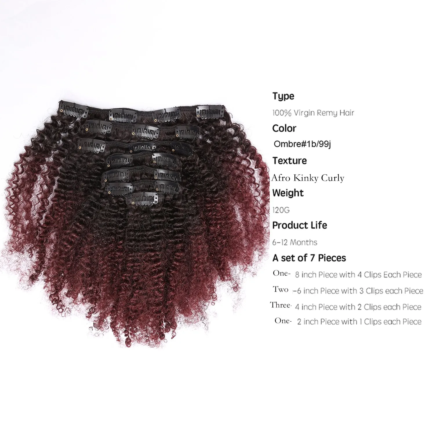 Ombre Curly Clip In Hair Extensions 4B 4C Afro Kinkys Curly Hair Extensions Clip In For Black Women 8A Virgin Natural Human Hair Full Head Kinky Hair Clip Ins Two Tone Ombre 120G #1b/99j AC 14Inch
