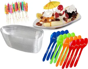 Outside the Box Papers Clear Plastic Banana Split Boats 12 oz.Disposable Dish - Paper Umbrellas - Eco Friendly Plastic Spoons- 16 Each