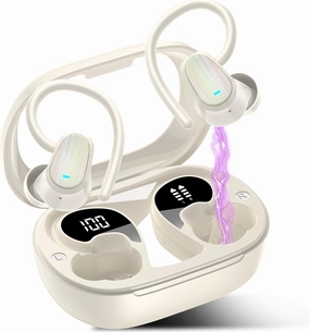 OYIB Wireless Earbuds Bluetooth 5.4 Headphones Sport, Stereo Deep Bass Bluetooth Earbuds with Earhooks, 50H Over Ear Bud with ENC Mic, IP7 Waterproof Wireless Earphone for Workout/Running, Cream White