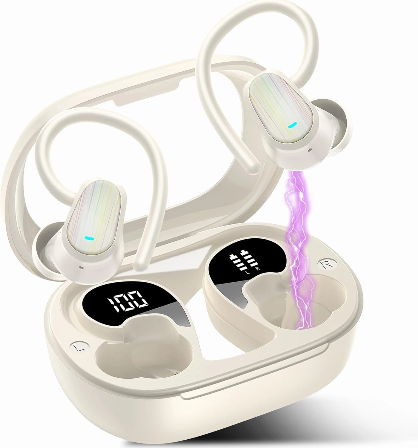 OYIB Wireless Earbuds Bluetooth 5.4 Headphones Sport, Stereo Deep Bass Bluetooth Earbuds with Earhooks, 50H Over Ear Bud with ENC Mic, IP7 Waterproof Wireless Earphone for Workout/Running, Cream White