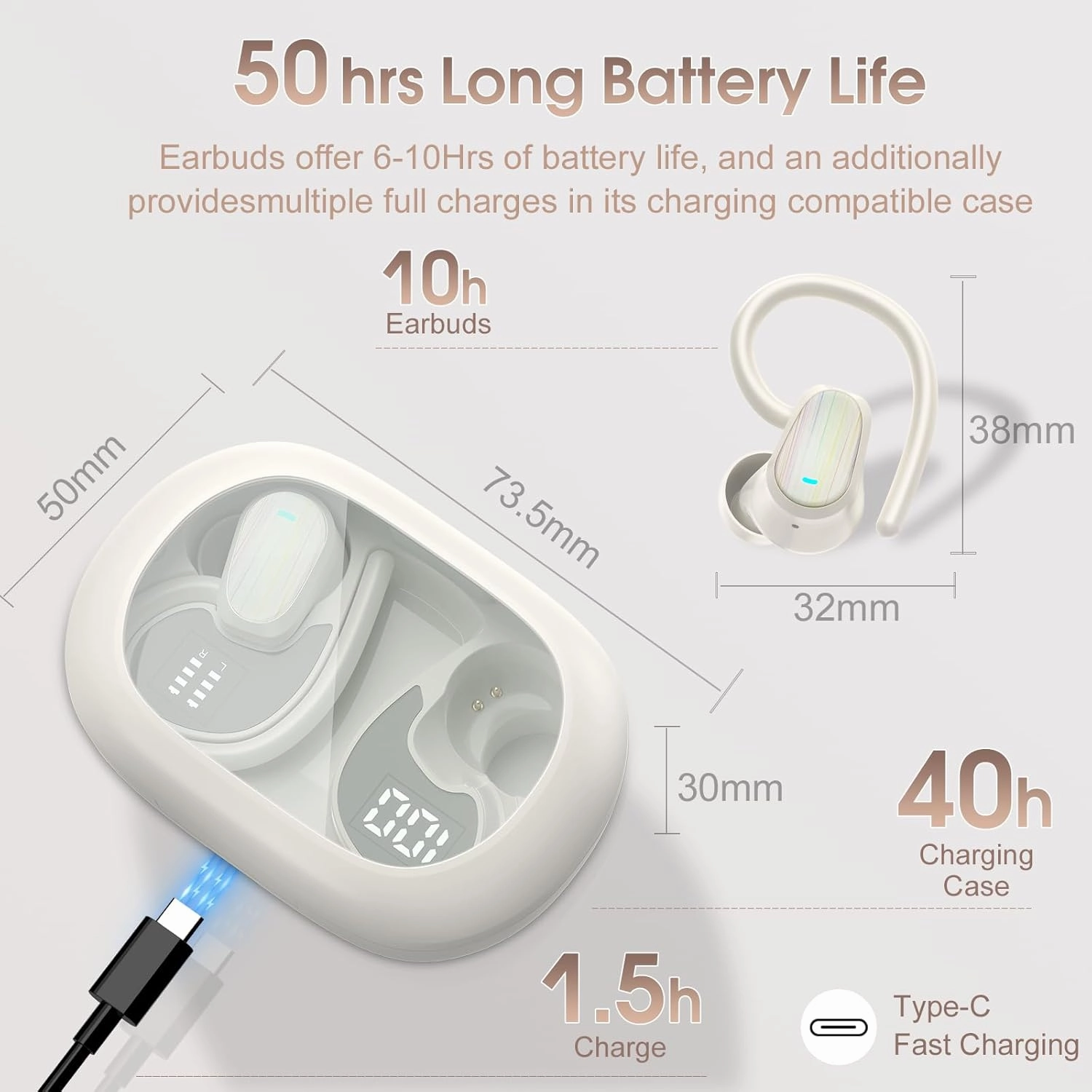 OYIB Wireless Earbuds Bluetooth 5.4 Headphones Sport, Stereo Deep Bass Bluetooth Earbuds with Earhooks, 50H Over Ear Bud with ENC Mic, IP7 Waterproof Wireless Earphone for Workout/Running, Cream White