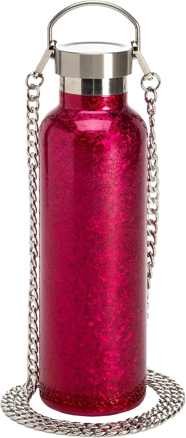 Paris Hilton Diamond Bling Water Bottle with Lid and Removable Carrying Strap, Stainless Steel Vacuum Insulated, Crackle Design, 25-Ounce, Pink Crackle