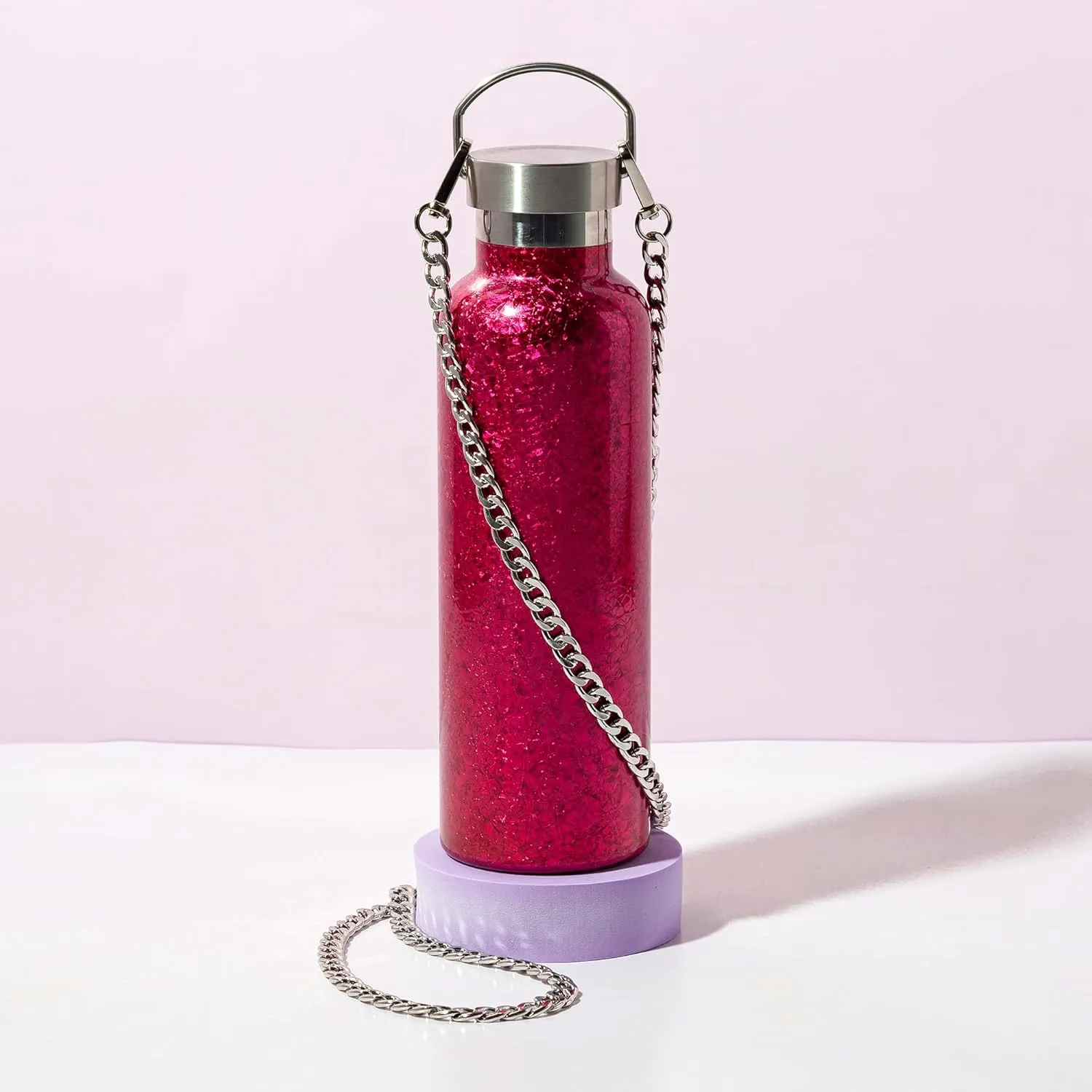 Paris Hilton Diamond Bling Water Bottle with Lid and Removable Carrying Strap, Stainless Steel Vacuum Insulated, Crackle Design, 25-Ounce, Pink Crackle