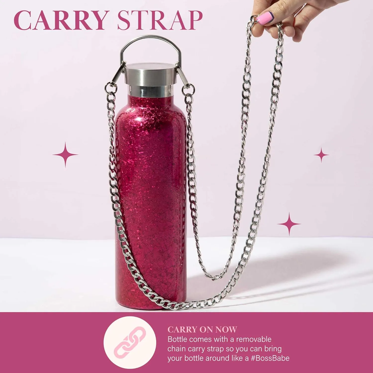 Paris Hilton Diamond Bling Water Bottle with Lid and Removable Carrying Strap, Stainless Steel Vacuum Insulated, Crackle Design, 25-Ounce, Pink Crackle