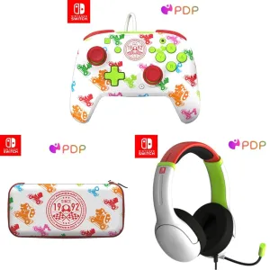PDP Gaming Nintendo Mario Bundle: REMATCH Wired Switch Pro Controller   Travel Case Plus   AIRLITE Wired Headset with Mic (Mario Kart Radiant Racers, White/Red/Green)