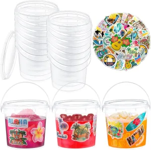 PerKoop 20 Pcs 32 oz Ice Cream Buckets with Lids and Handles Clear Cocktail Rum Buckets with Stickers Plastic Transparent Tub Reusable Food Storage Containers for Parties(Sea)