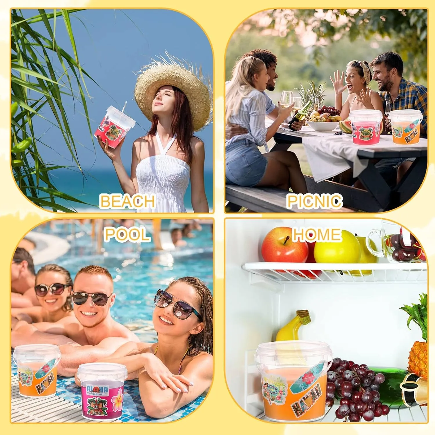 PerKoop 20 Pcs 32 oz Ice Cream Buckets with Lids and Handles Clear Cocktail Rum Buckets with Stickers Plastic Transparent Tub Reusable Food Storage Containers for Parties(Sea)