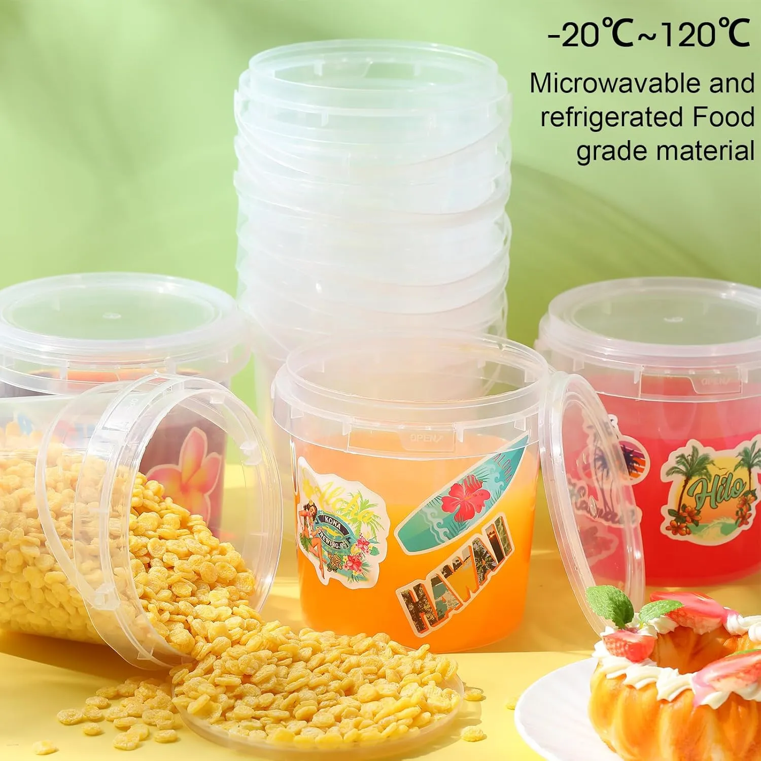 PerKoop 20 Pcs 32 oz Ice Cream Buckets with Lids and Handles Clear Cocktail Rum Buckets with Stickers Plastic Transparent Tub Reusable Food Storage Containers for Parties(Sea)