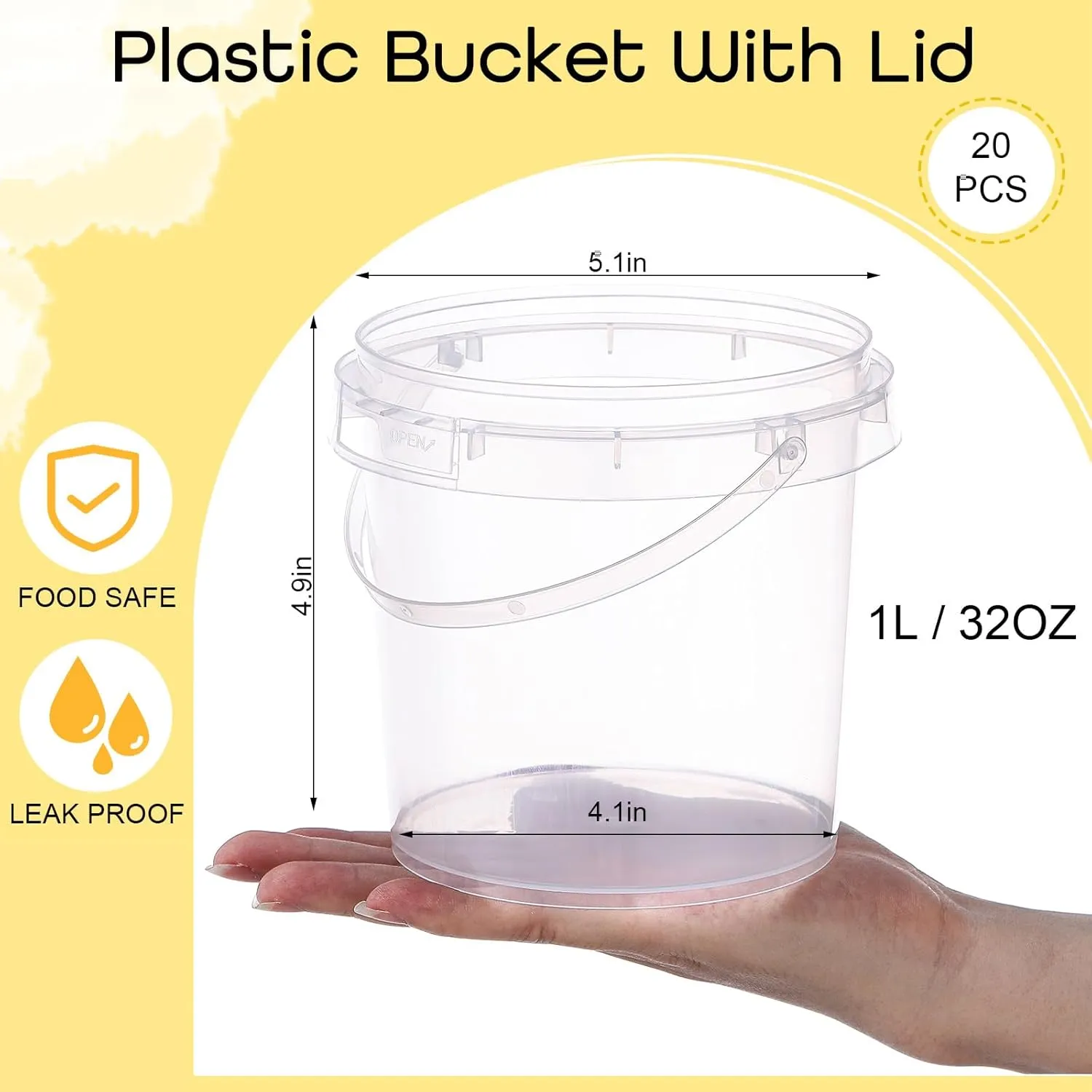 PerKoop 20 Pcs 32 oz Ice Cream Buckets with Lids and Handles Clear Cocktail Rum Buckets with Stickers Plastic Transparent Tub Reusable Food Storage Containers for Parties(Sea)