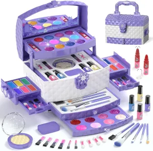 PERRYHOME Kids Makeup Set for Girl 56 Pcs Washable Real Cosmetic, Non-Toxic Frozen Toys Toddler Makeup Kit, Frozen Princess Dress up Game Christmas & Birthday Girl Gift for 3-12(Frozen Purple)