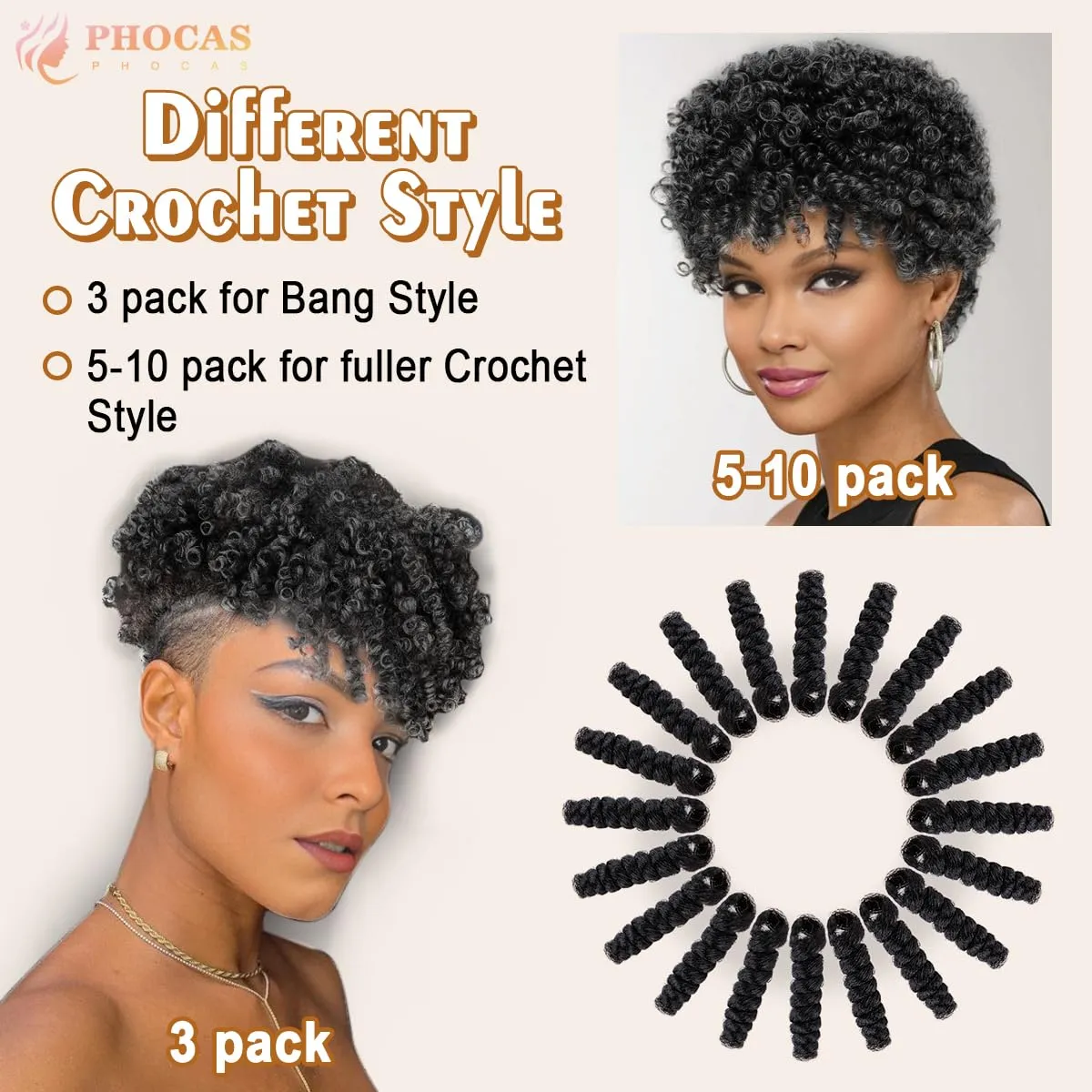 PHOCAS 3Packs 10'' Short Crochet Hair Jumpy Wand Curl Weave Crochet Braids Afro Curl Synthetic Hair Extensions for Women (8mm) #1B