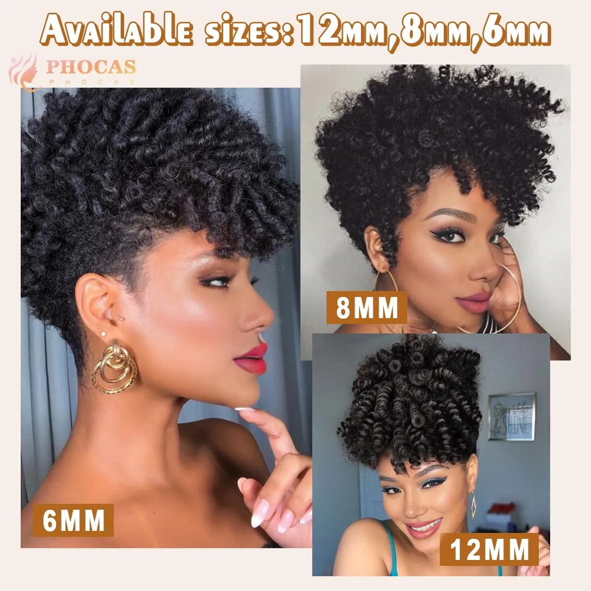 PHOCAS 3Packs 10'' Short Crochet Hair Jumpy Wand Curl Weave Crochet Braids Afro Curl Synthetic Hair Extensions for Women (8mm) #1B