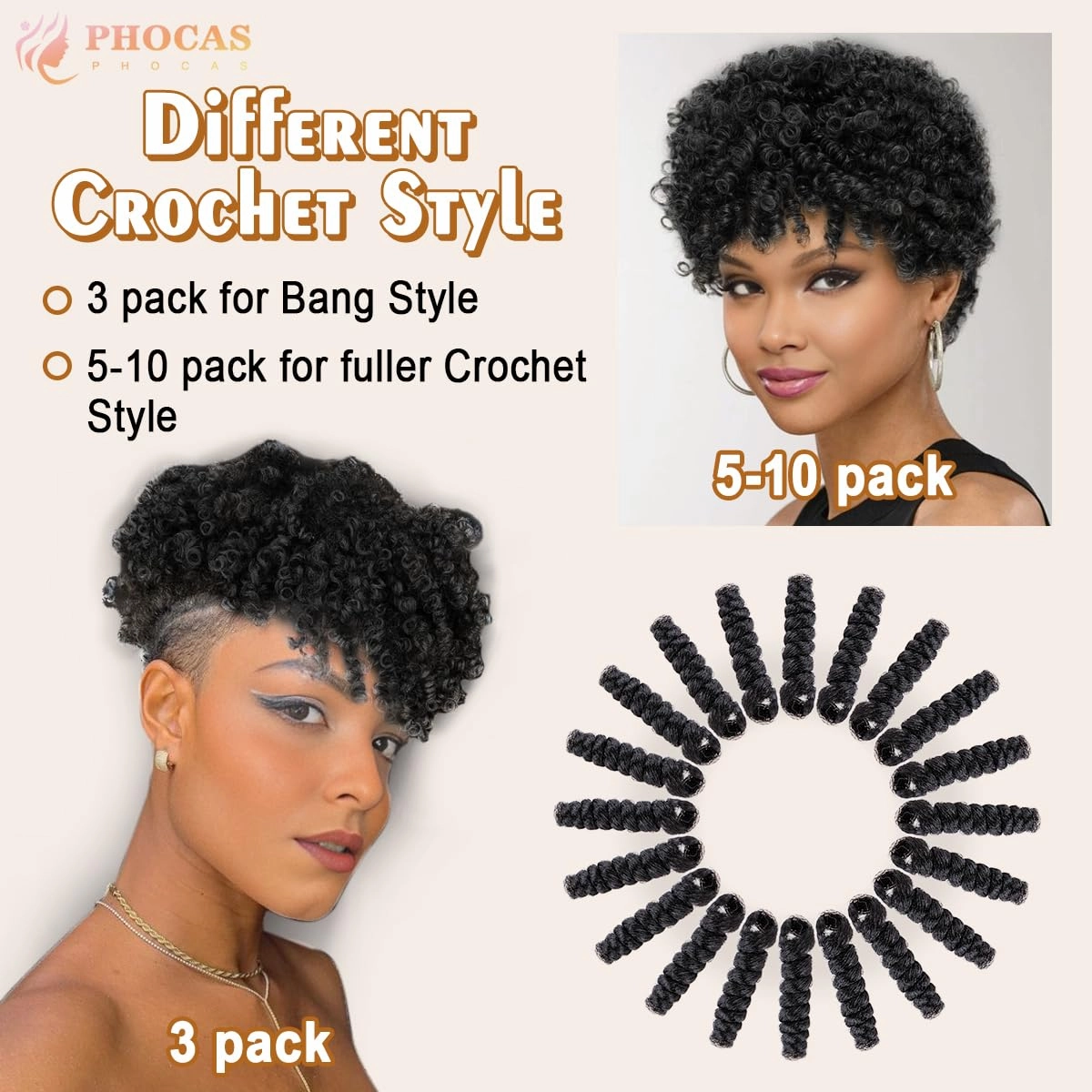 PHOCAS 5Packs 10'' Short Crochet Braids Jumpy Wand Curl Crochet Hair for Black Women (Curl,Natural Black)