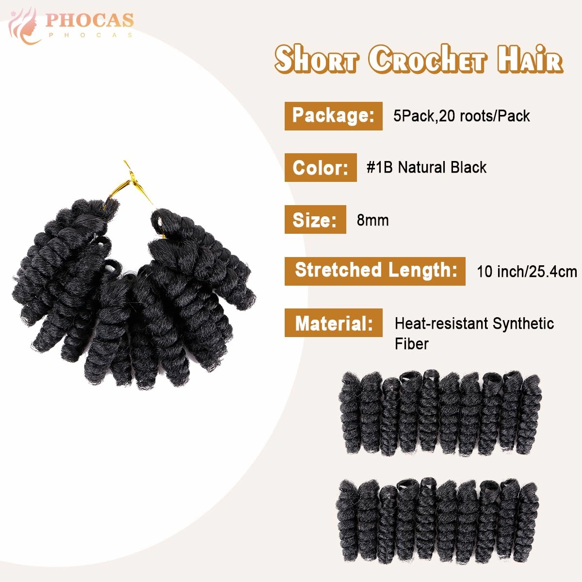 PHOCAS 5Packs 10'' Short Crochet Braids Jumpy Wand Curl Crochet Hair for Black Women (Curl,Natural Black)