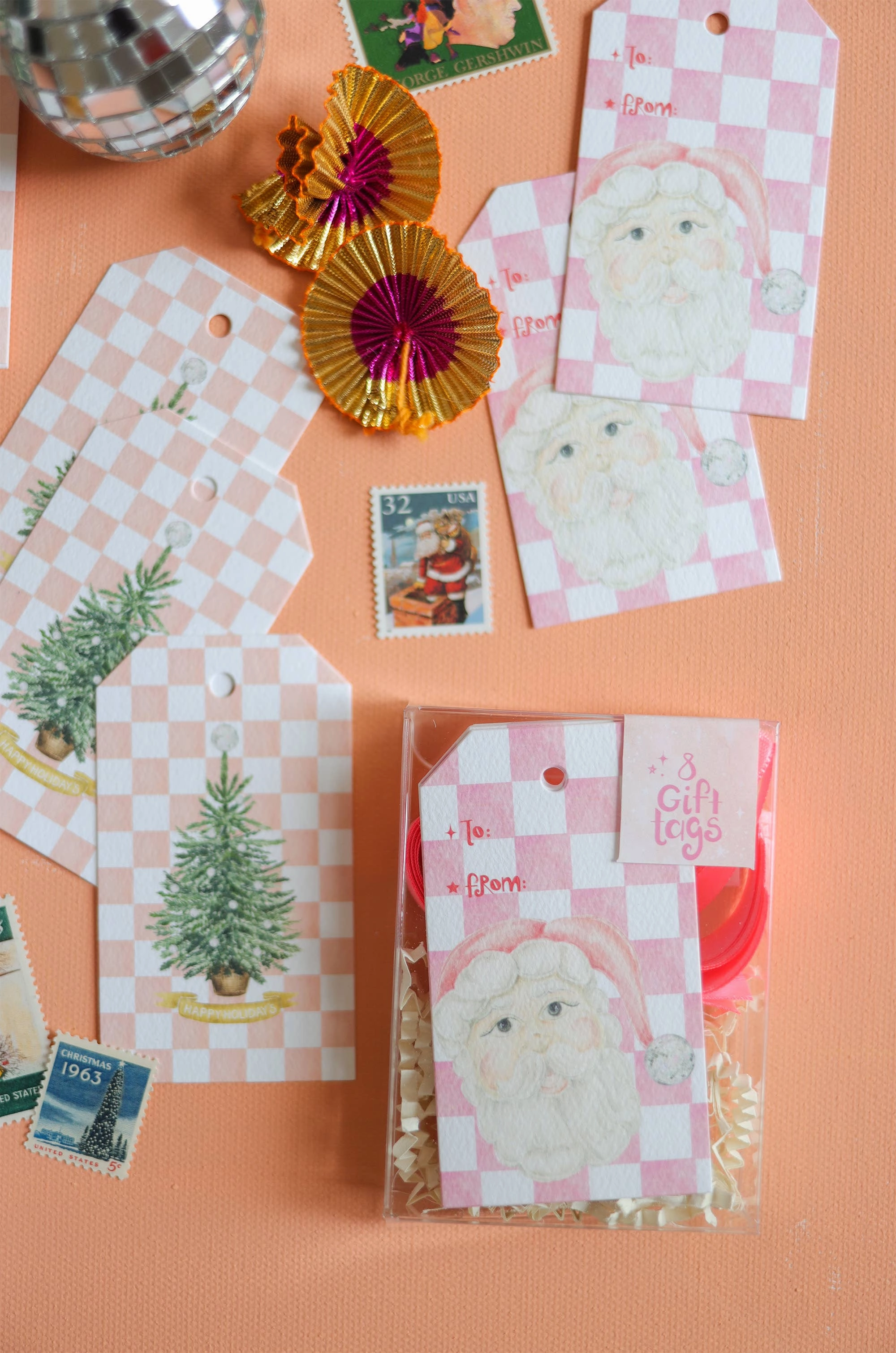 pink Santa checker print holiday Christmas gift tag