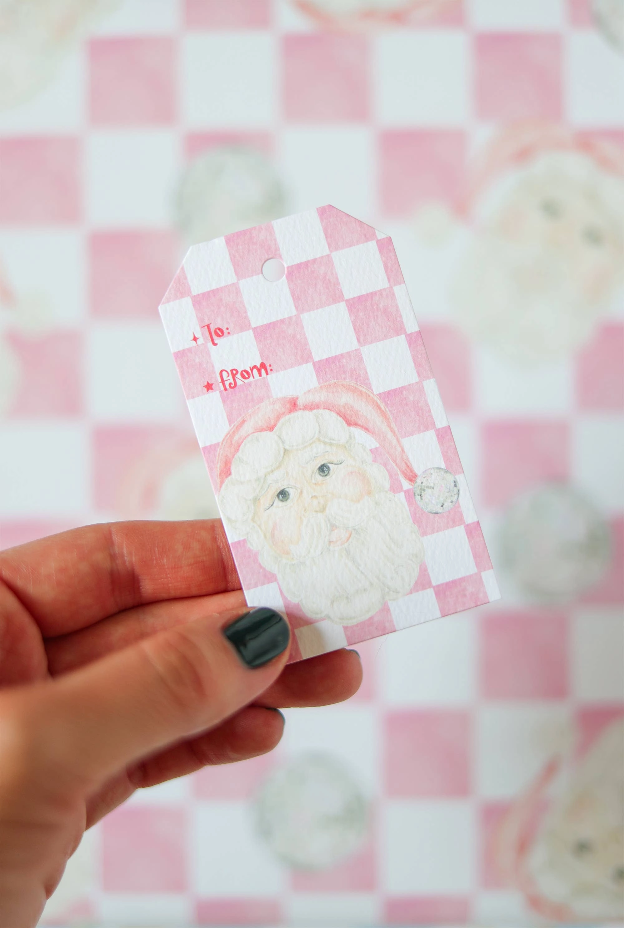 pink Santa checker print holiday Christmas gift tag