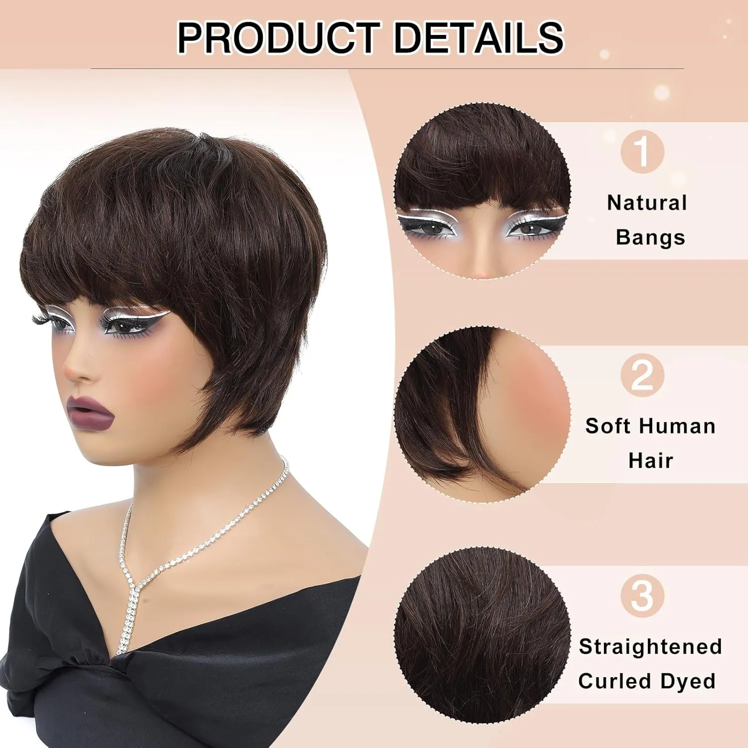Pixie Cut Wig Human Hair Short Pixie Cut Wigs for Women Glueless Wig Human Hair Short Layered None Lace Front Wig with Bangs Brown Black Straight Wig