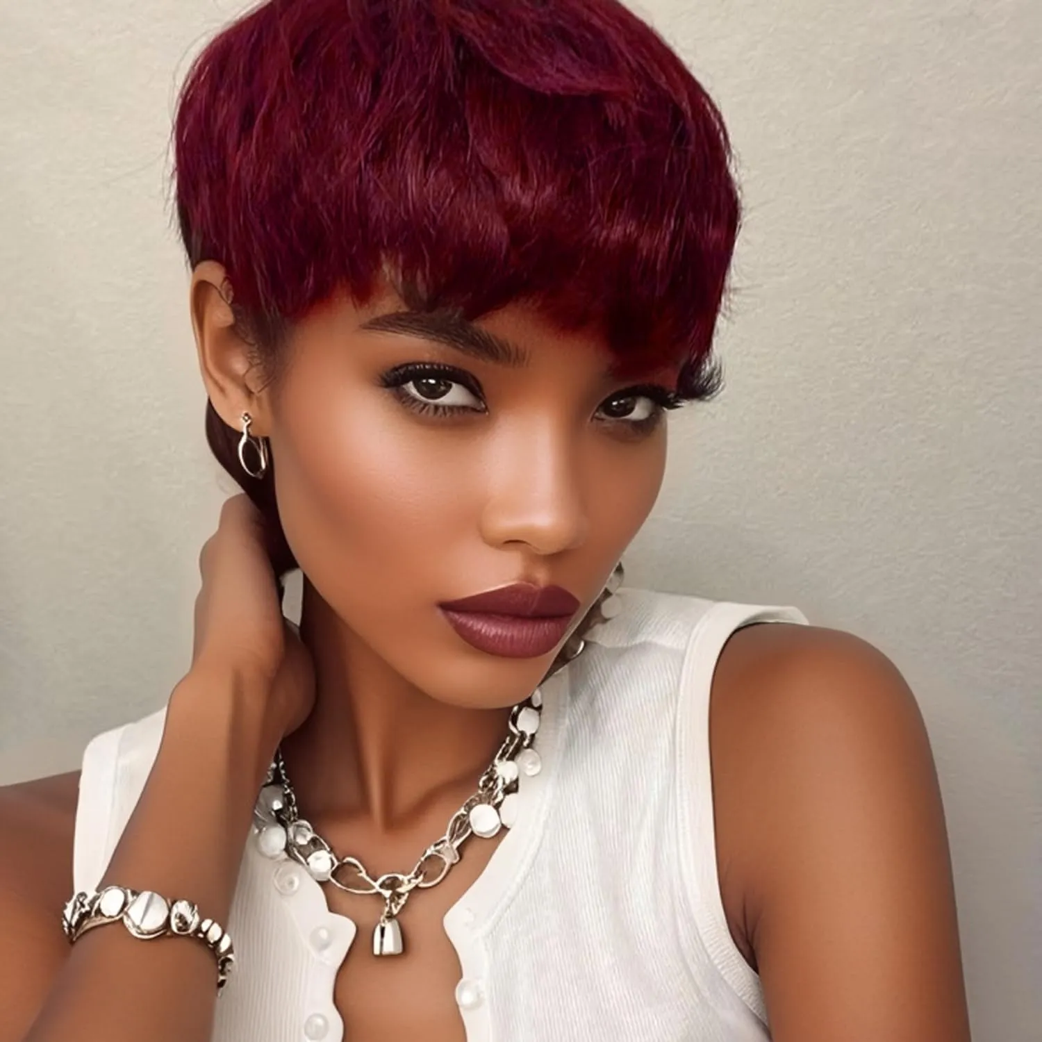 Pixie Cut Wig Human Hair Short Pixie Cut Wigs for Women Glueless Wig Human Hair Short Layered None Lace Front Wig with Bangs Burgundy Straight Wig