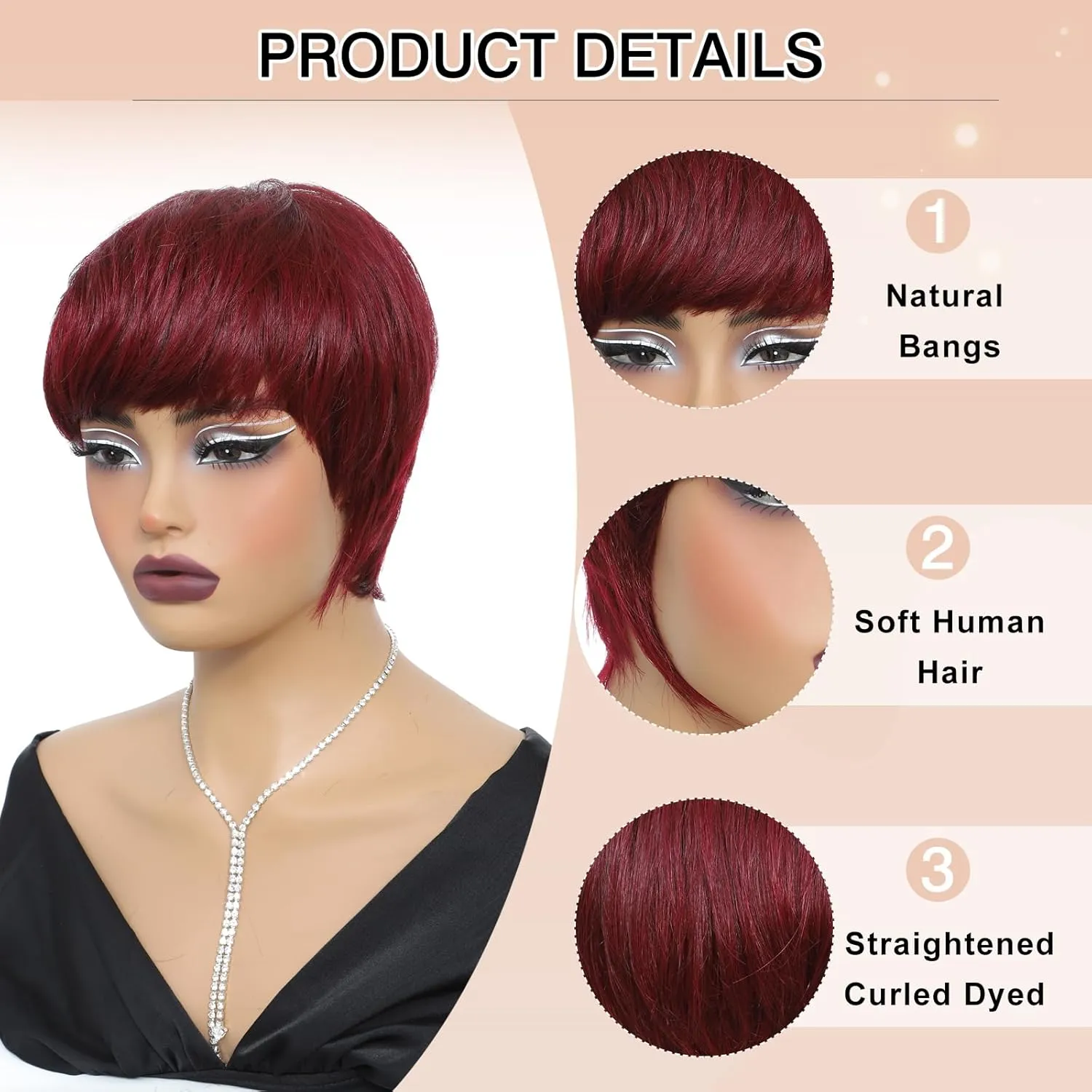 Pixie Cut Wig Human Hair Short Pixie Cut Wigs for Women Glueless Wig Human Hair Short Layered None Lace Front Wig with Bangs Burgundy Straight Wig