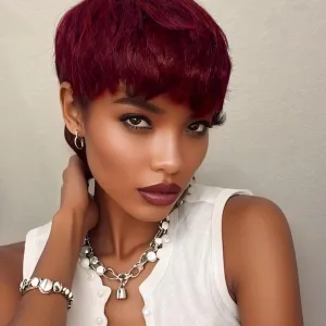 Pixie Cut Wig Human Hair Short Pixie Cut Wigs for Women Glueless Wig Human Hair Short Layered None Lace Front Wig with Bangs Burgundy Straight Wig