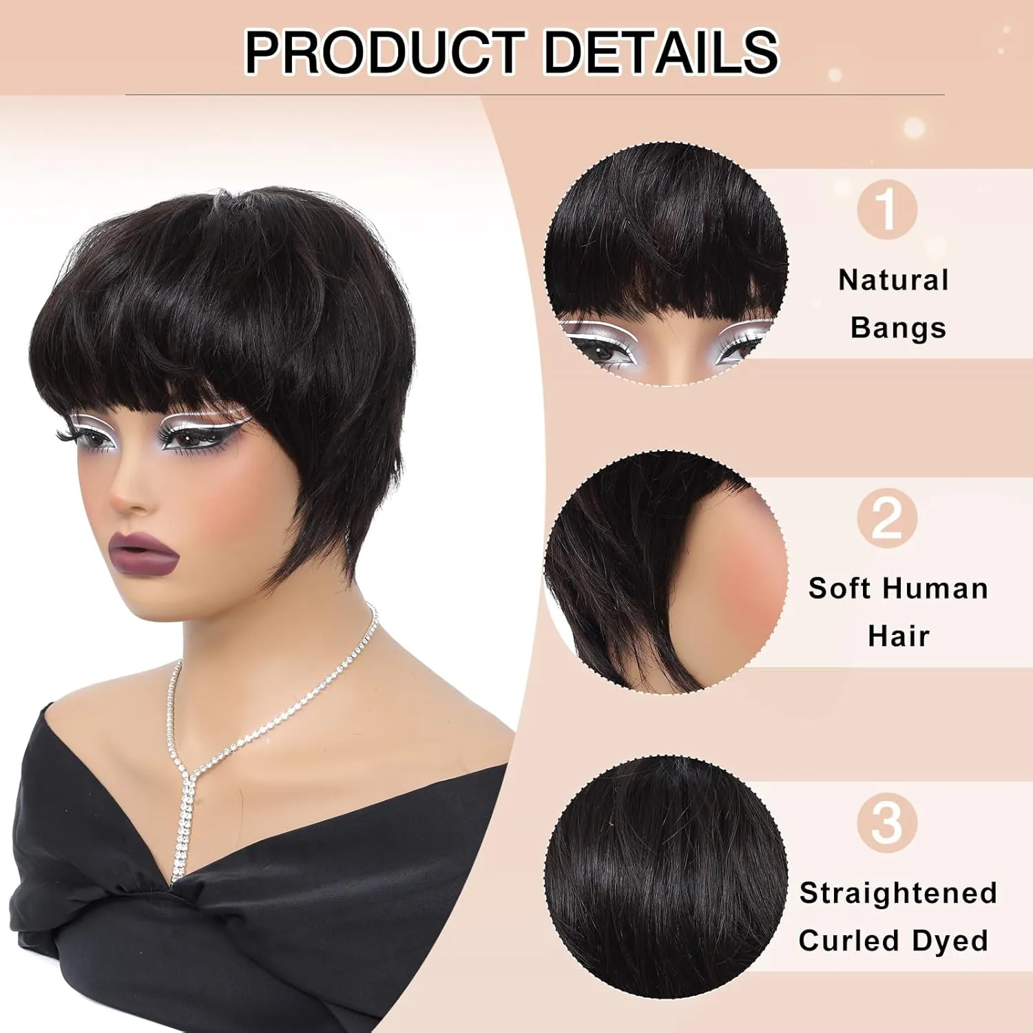 Pixie Cut Wig Human Hair Short Pixie Cut Wigs for Women Glueless Wig Human Hair Short Layered None Lace Front Wig with Bangs Natural Black Straight Wig