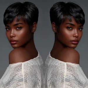 Pixie Cut Wig Human Hair Short Pixie Cut Wigs for Women Glueless Wig Human Hair Short Layered None Lace Front Wig with Bangs Natural Black Straight Wig
