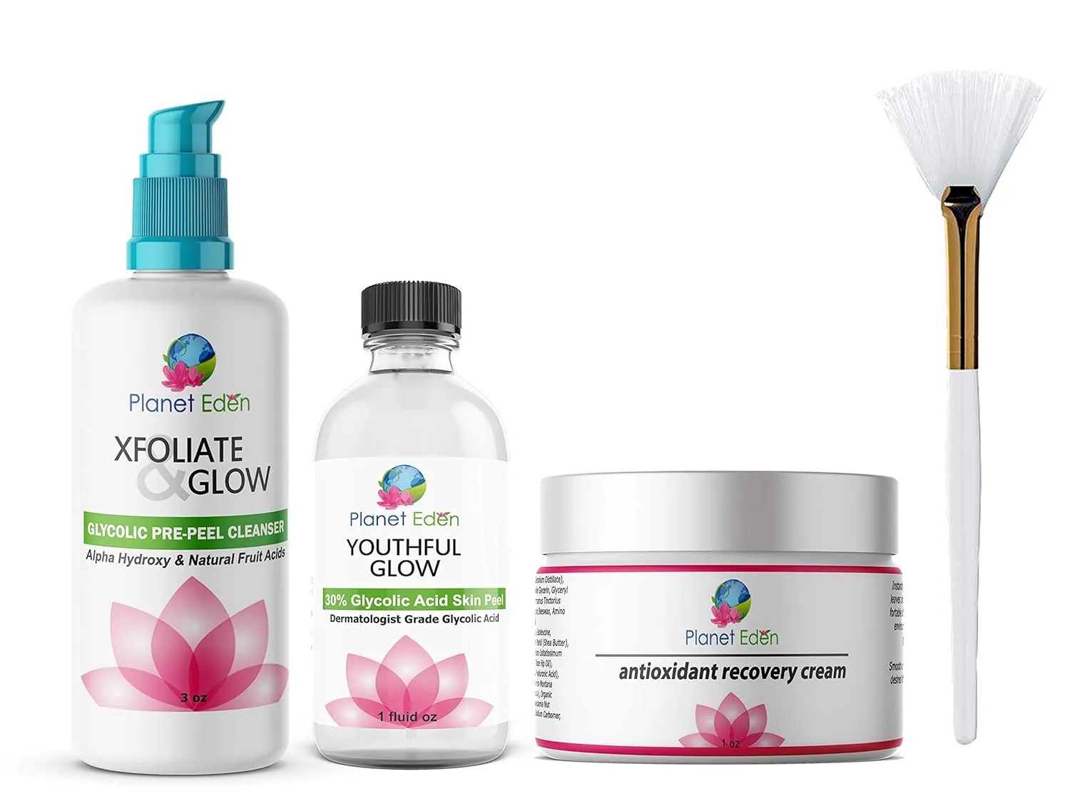 Planet Eden 30% Glycolic Acid Chemical Skin Peel Kit   Glycolic Acid Pre-Peel Cleanser   Antioxidant Recovery Cream   Treatment Fan Brush