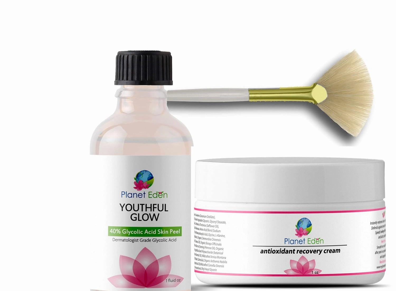 Planet Eden 40% Glycolic Acid Chemical Skin Peel Kit with Antioxidant Recovery Cream and Fan Brush - Exfoliate and Glow - Diminish and improve the look of fine lines, sun damage and enlarged pores