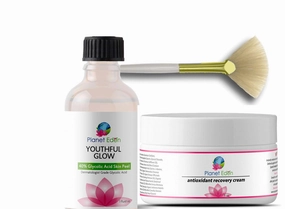 Planet Eden 40% Glycolic Acid Chemical Skin Peel Kit with Antioxidant Recovery Cream and Fan Brush - Exfoliate and Glow - Diminish and improve the look of fine lines, sun damage and enlarged pores