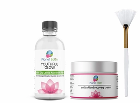 Planet Eden 80% GlyLactic Skin Chemical Peel - Glycolic & Lactic Acid Powerhouse Duo with Anti Aging Antioxidant Recovery Cream & Fan Brush - Intense Anti Aging Treatment