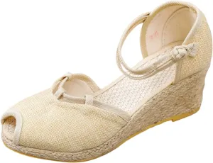 Platform Sandals Women Dressy Comfy Fish Mouth Closed Toe Ankle Buckle Strap Sandal Breathable Lightweight Espadrilles Sandals for Walking Comfort Wear Shoes Mid Heel Roman Style Summer Beach Wedges