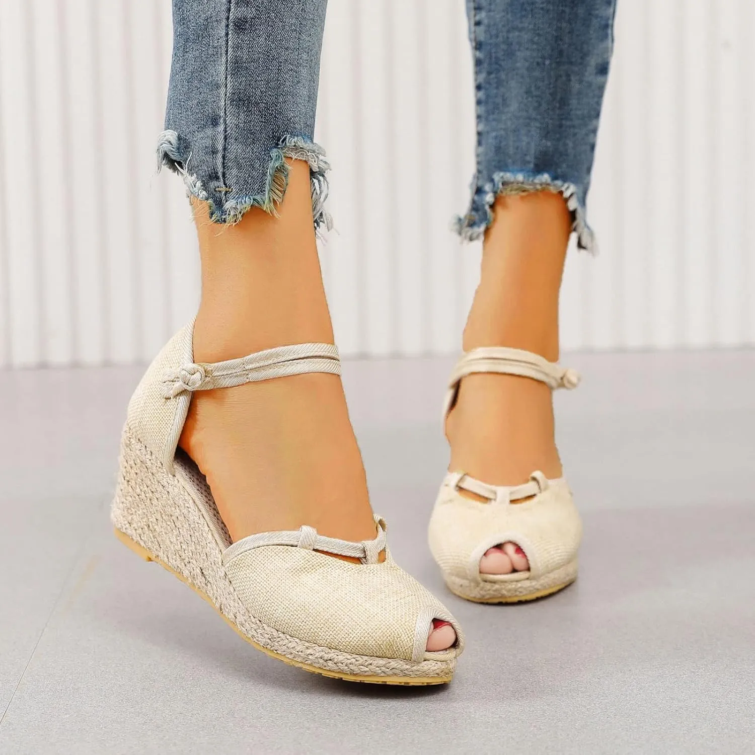 Platform Sandals Women Dressy Comfy Fish Mouth Closed Toe Ankle Buckle Strap Sandal Breathable Lightweight Espadrilles Sandals for Walking Comfort Wear Shoes Mid Heel Roman Style Summer Beach Wedges
